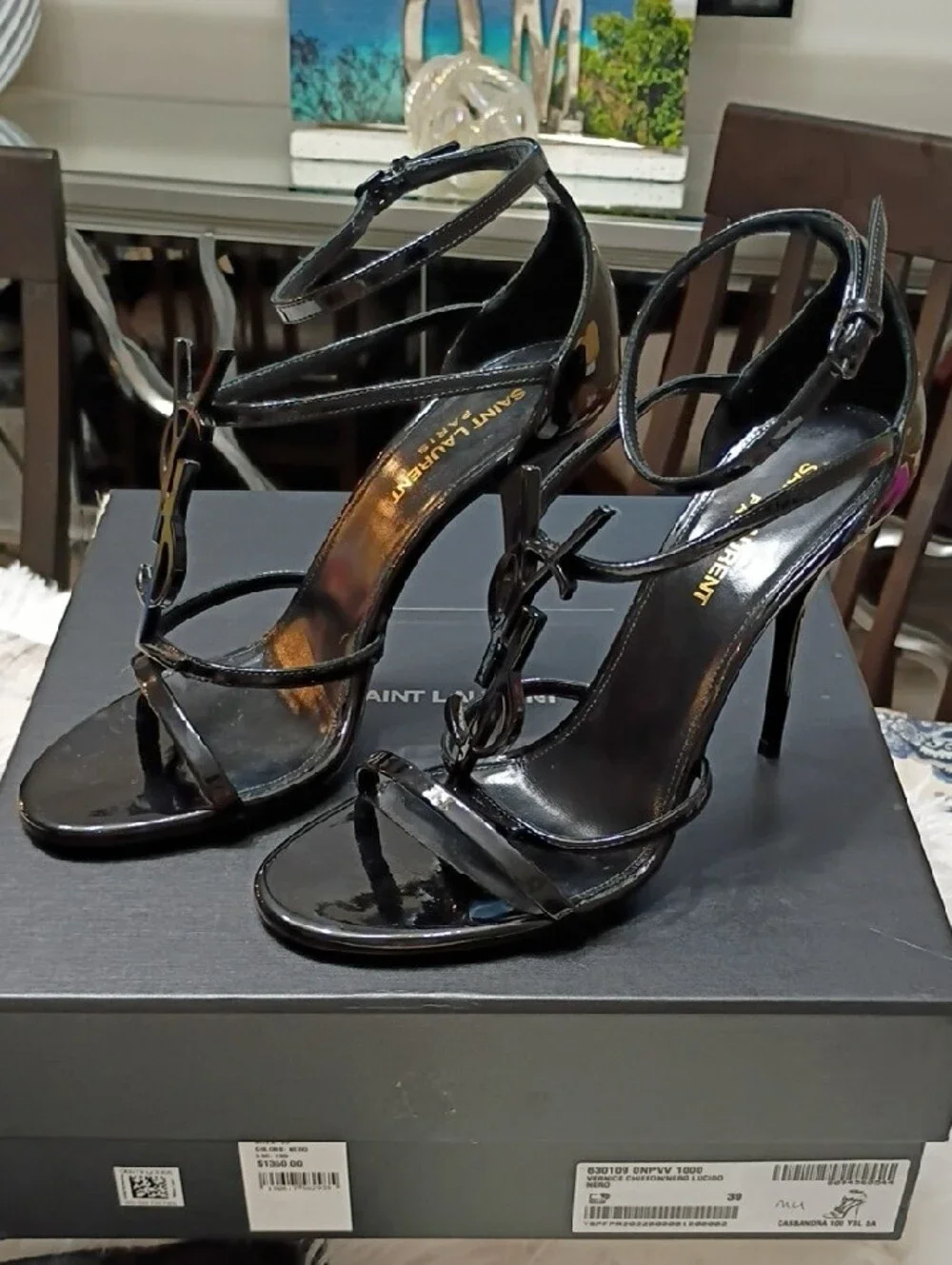New Saint Laurent Cassandra Black Patent Leather Strappy High Heel Sandals EU 38 - Picture 3 of 16